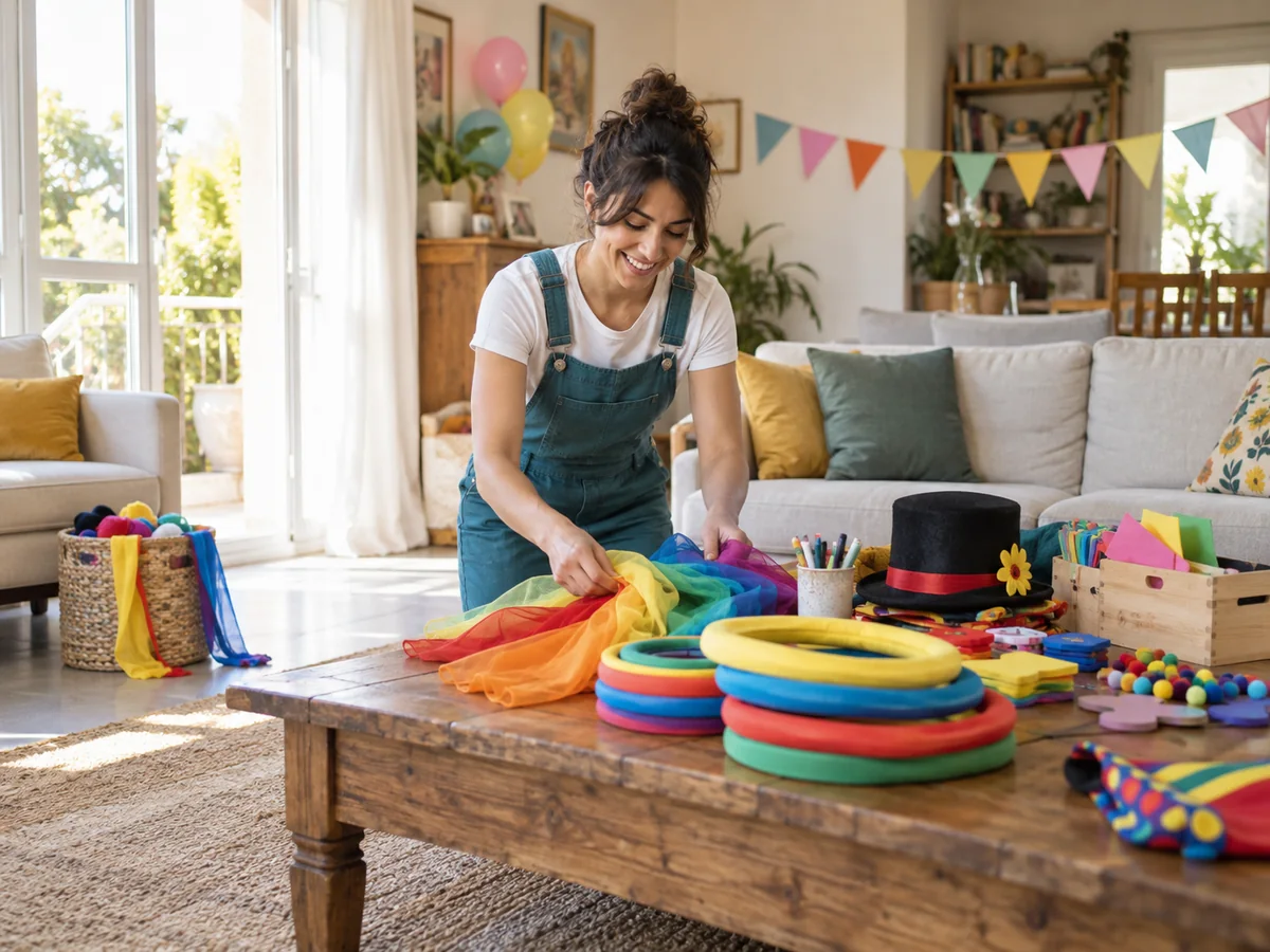 Animatrice prepara materiali colorati per una festa di bambini in una casa