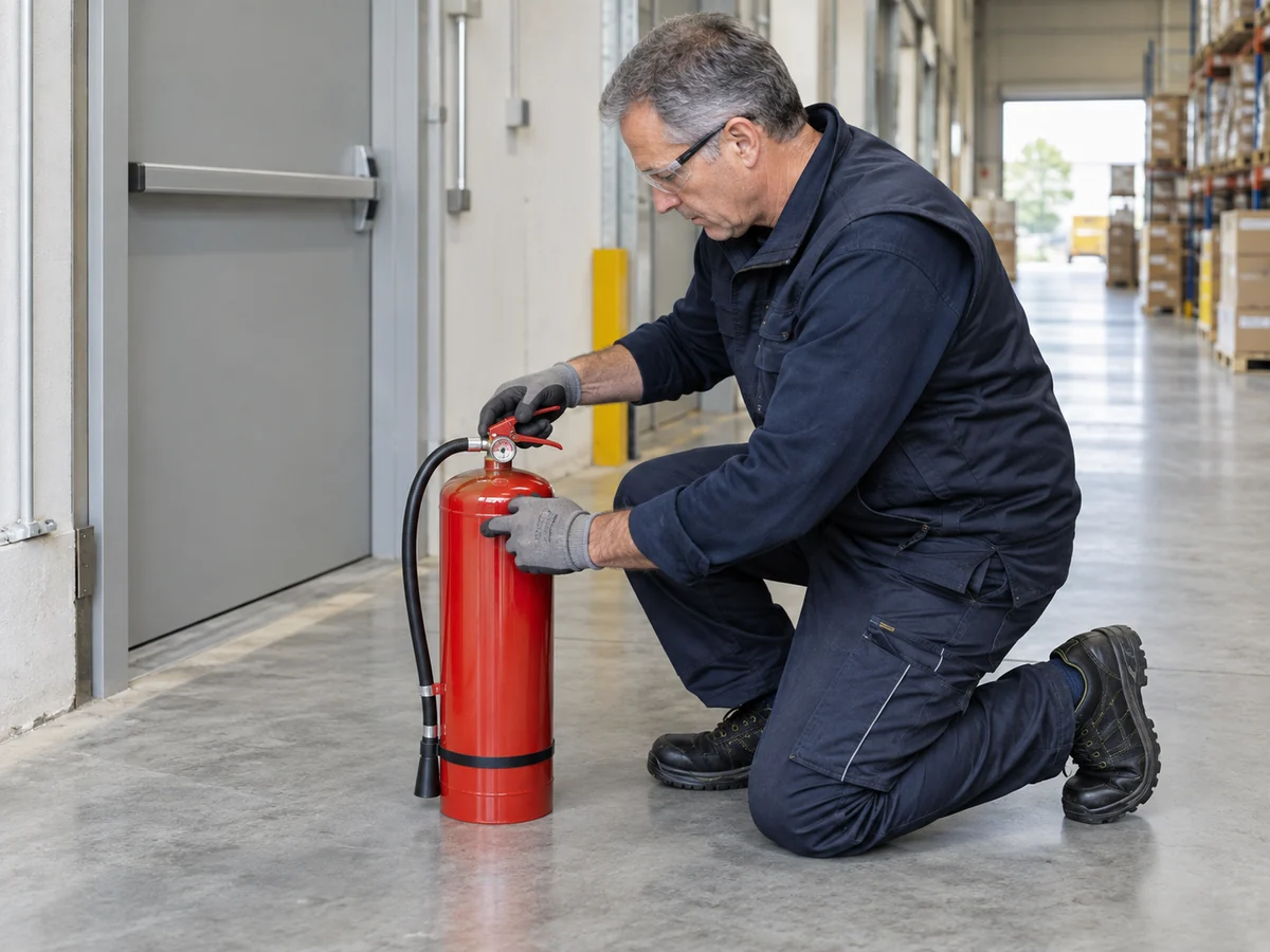 Tecnico di un’azienda antincendio controlla un estintore nel corridoio di un capannone