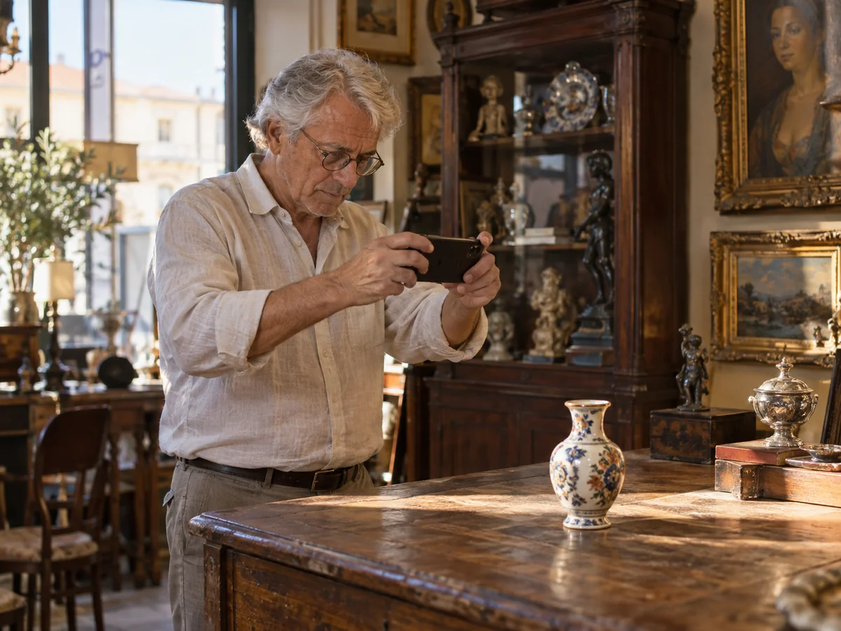 Un antiquario fotografa con lo smartphone un piccolo vaso di ceramica nella sua bottega luminosa, circondato da mobili antichi.