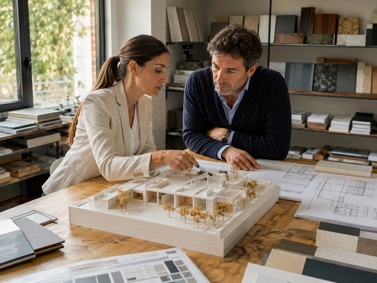 Architetta e cliente esaminano un plastico e planimetrie su un tavolo in studio.