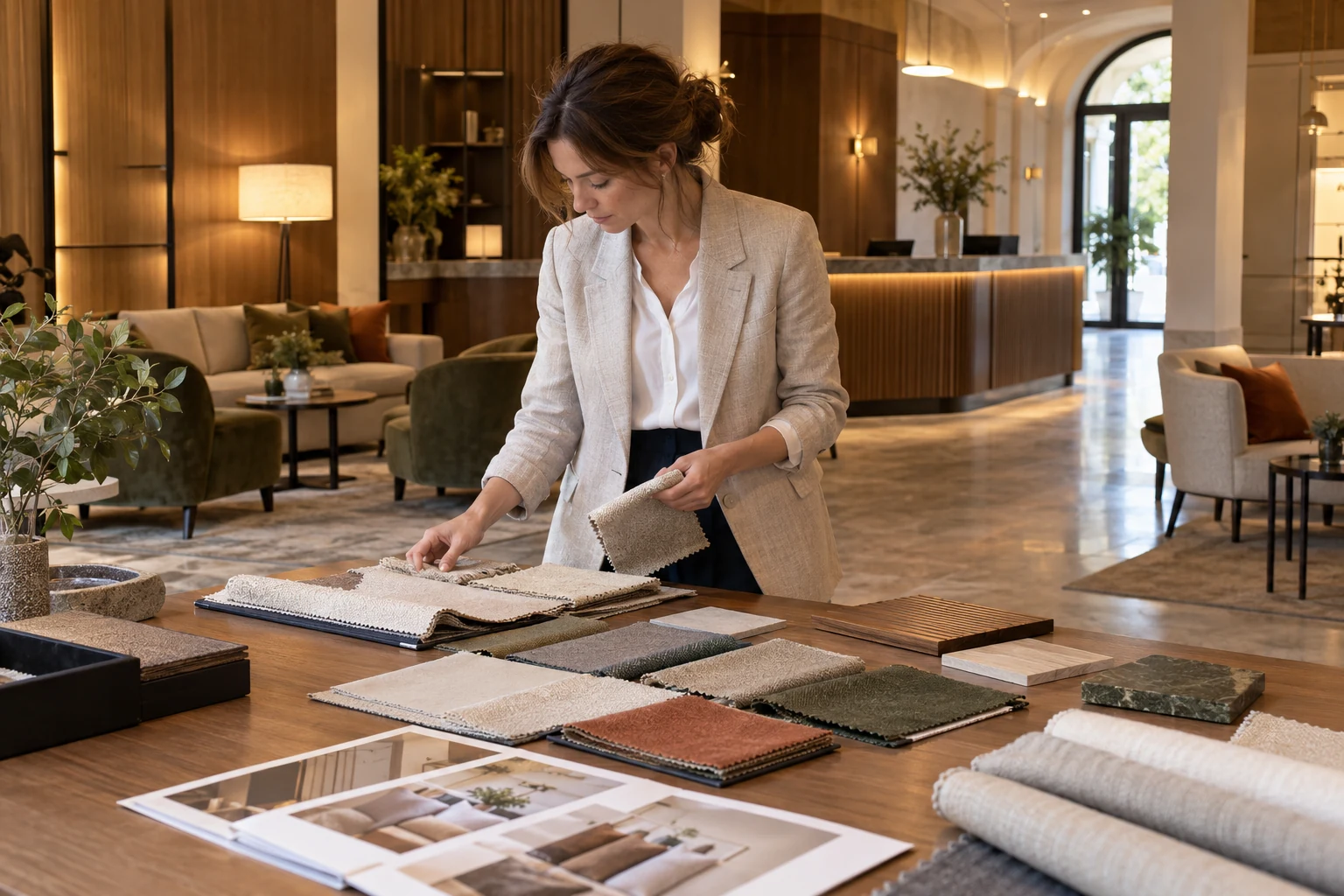 Una progettista valuta campioni di materiali e finiture in un ambiente arredato per l’ospitalità.