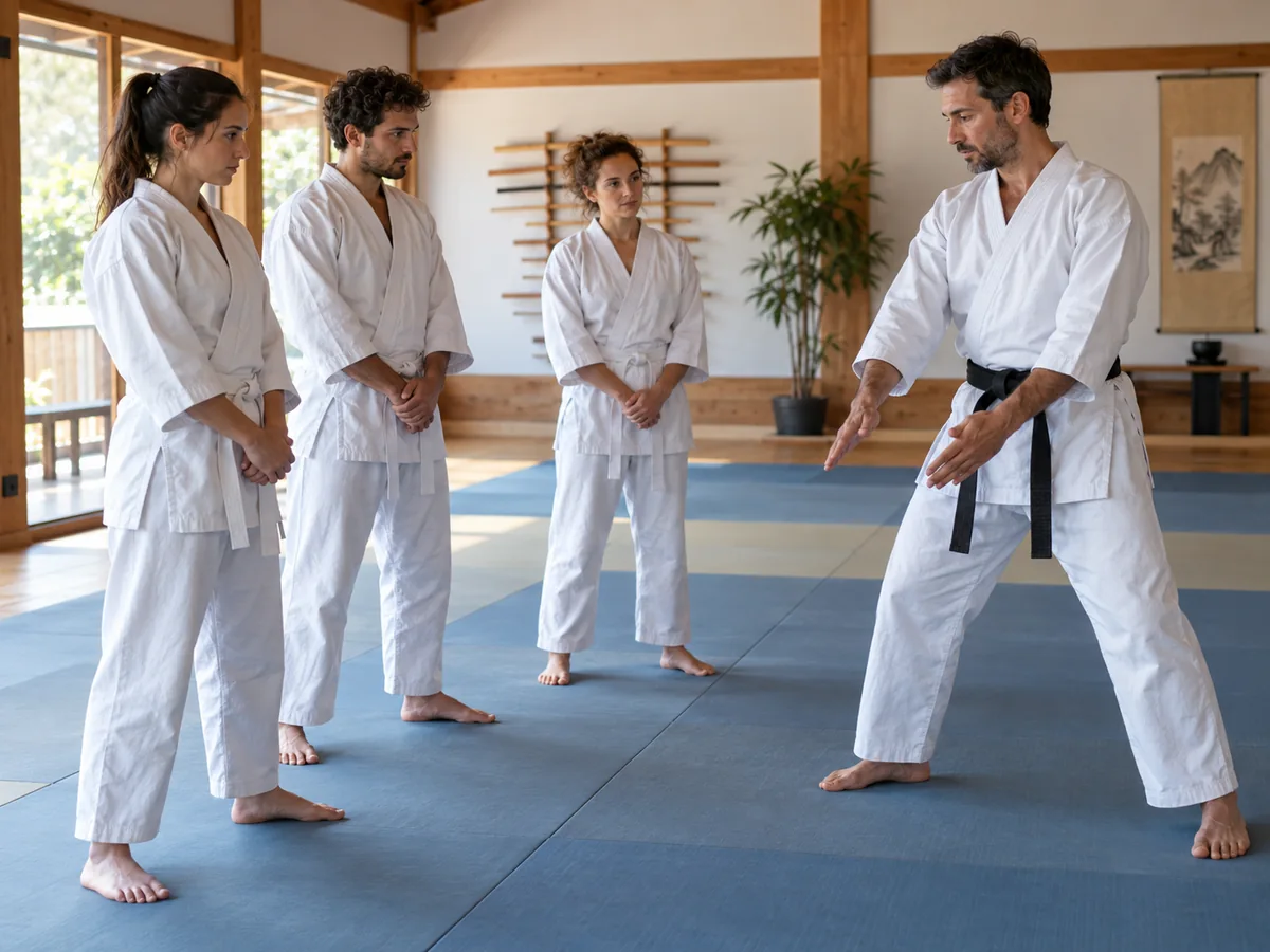 Un istruttore spiega una posizione di base a tre adulti sul tatami di una scuola di arti marziali