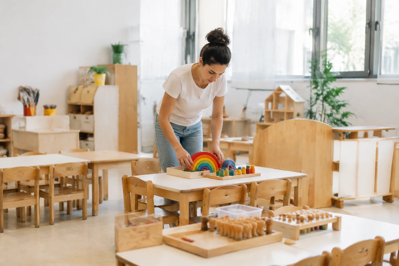 Un’educatrice prepara giochi in legno sui tavolini di un’aula luminosa, senza bambini presenti.