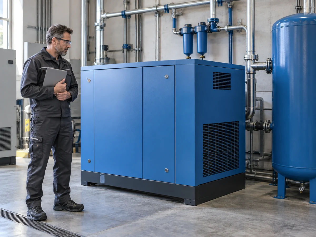 Tecnico osserva un impianto di compressori industriali con un tablet