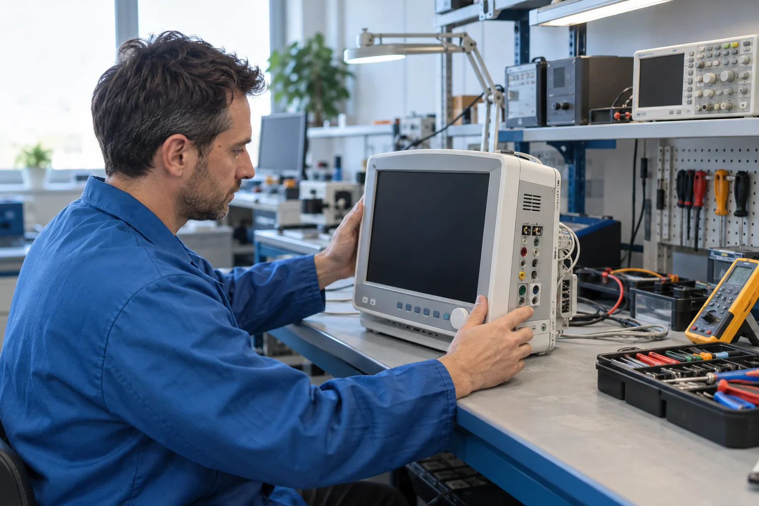 Tecnico in laboratorio esamina un monitor elettromedicale accanto a strumenti di verifica