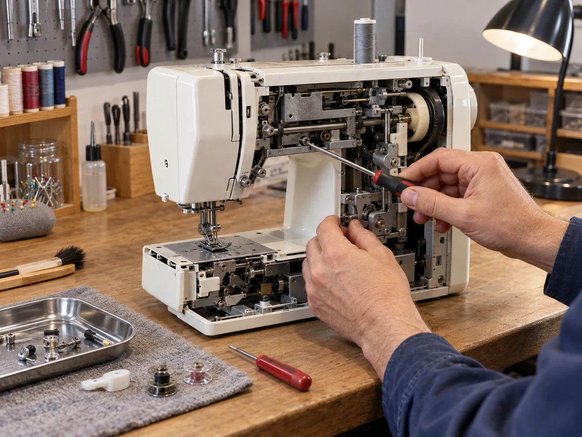 Tecnico esamina una macchina da cucire su un banco di assistenza con strumenti e rocchetti.