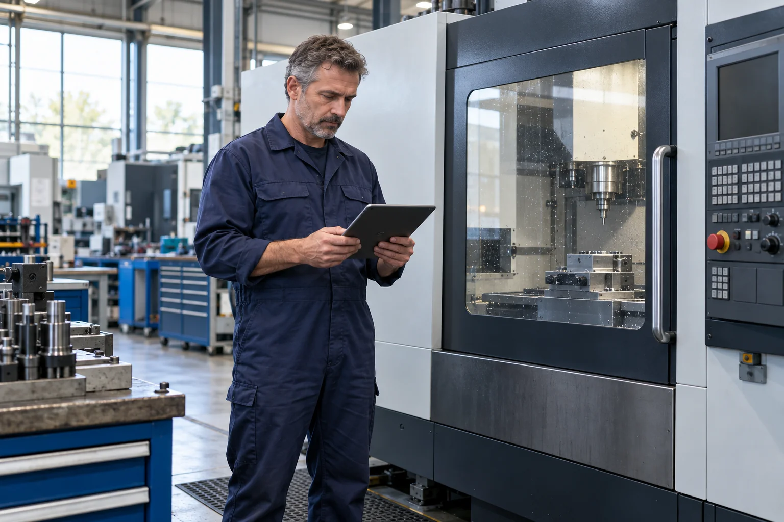 Tecnico consulta un tablet accanto a un centro di lavoro CNC chiuso in uno stabilimento