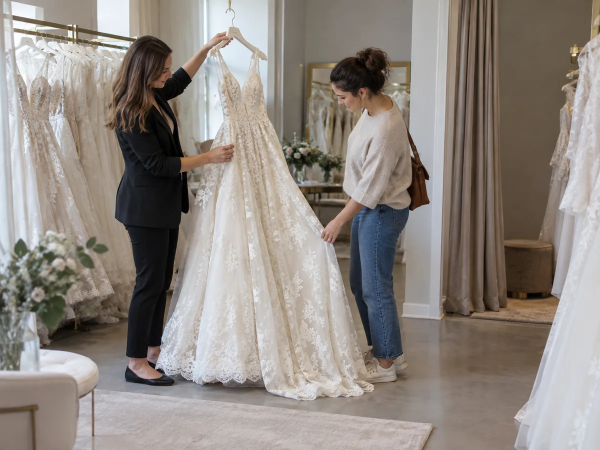 Consulente di un atelier presenta un abito da sposa a una cliente nella sala prove