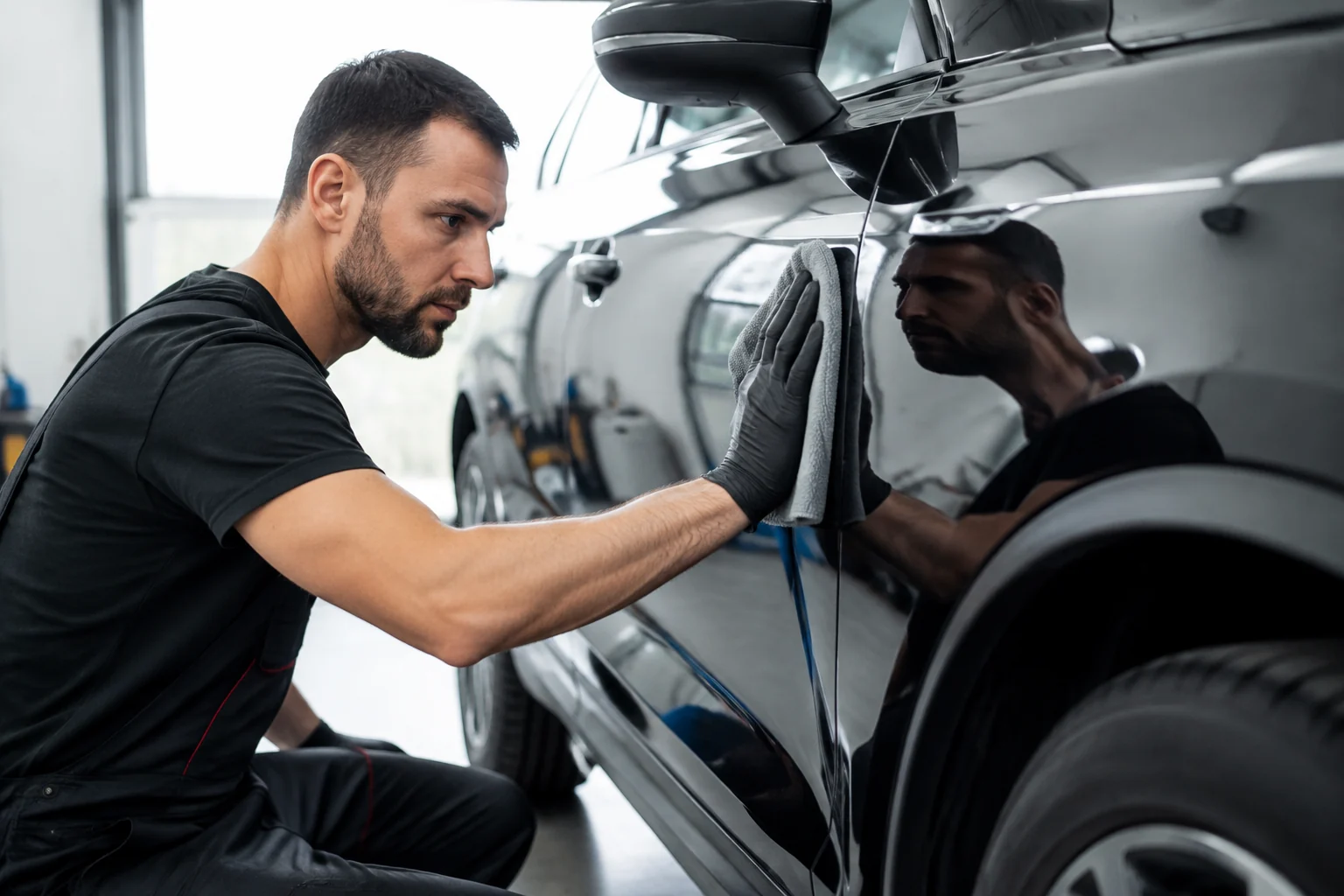 Operatore che lucida la carrozzeria di un’auto con un panno in un centro detailing.