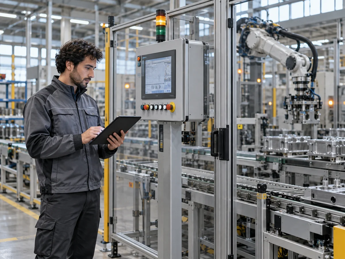 Tecnico con tablet accanto a un quadro elettrico e a una linea robotica protetta.