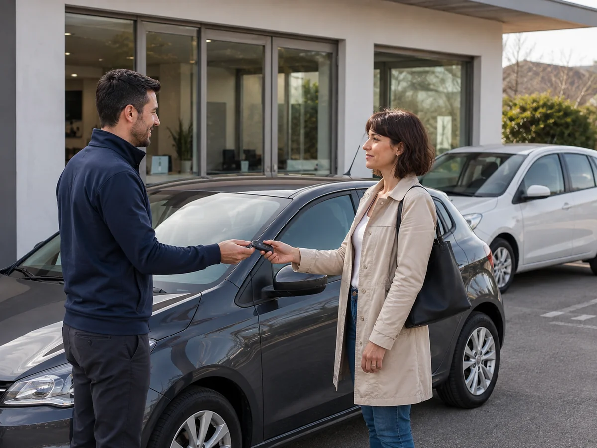 Addetto di un autonoleggio consegna le chiavi a una cliente accanto all'auto.