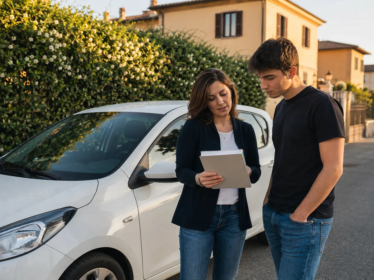 Un’istruttrice e un allievo adulto si confrontano accanto a un’auto parcheggiata prima della lezione.