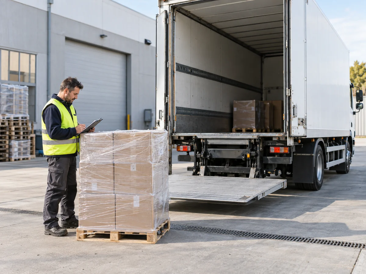 Addetto verifica un pallet presso la sponda di un camion in una baia di carico
