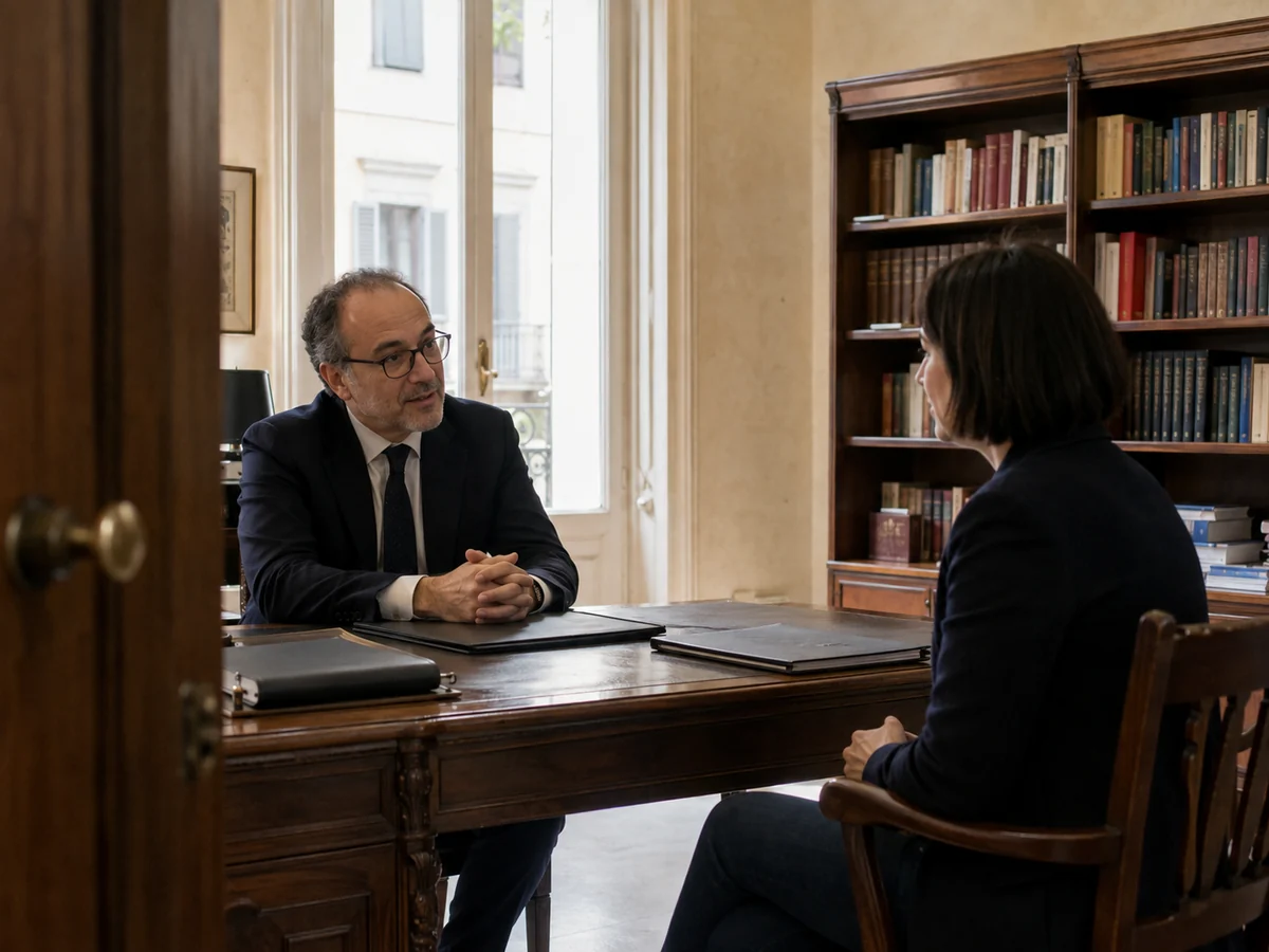 Avvocato e cliente conversano in uno studio con scrivania in legno e librerie.