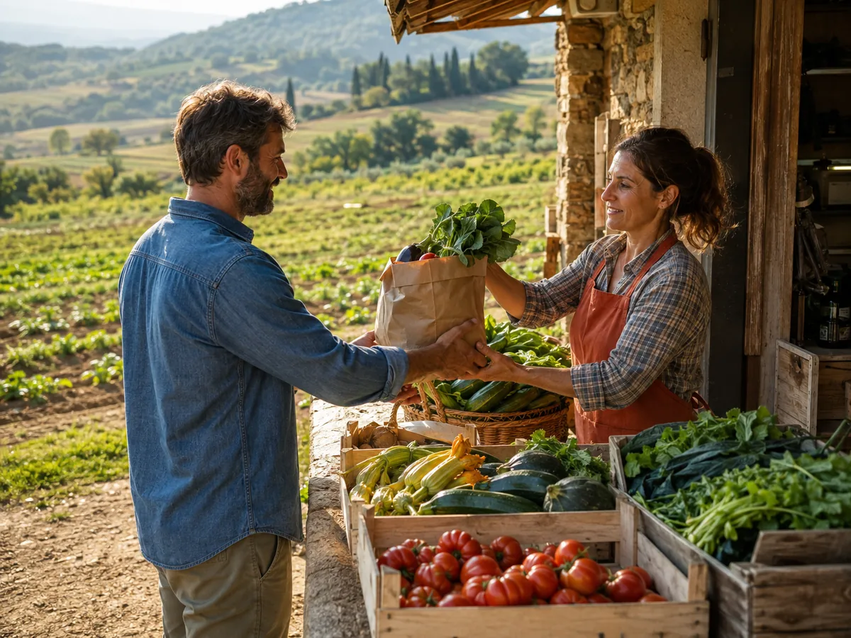 Agricoltrice consegna un sacchetto di ortaggi a un cliente nello spaccio aziendale.