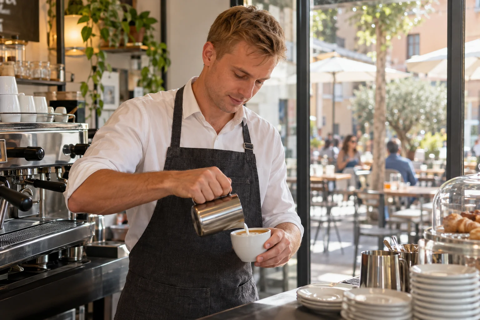 Un barista prepara un cappuccino al banco di una caffetteria con tavoli all’esterno.