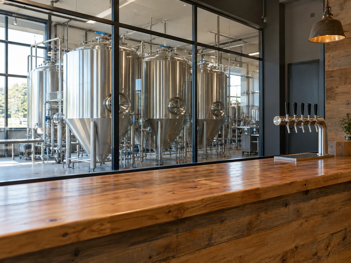 Banco di una taproom con fermentatori in acciaio visibili dietro una parete vetrata