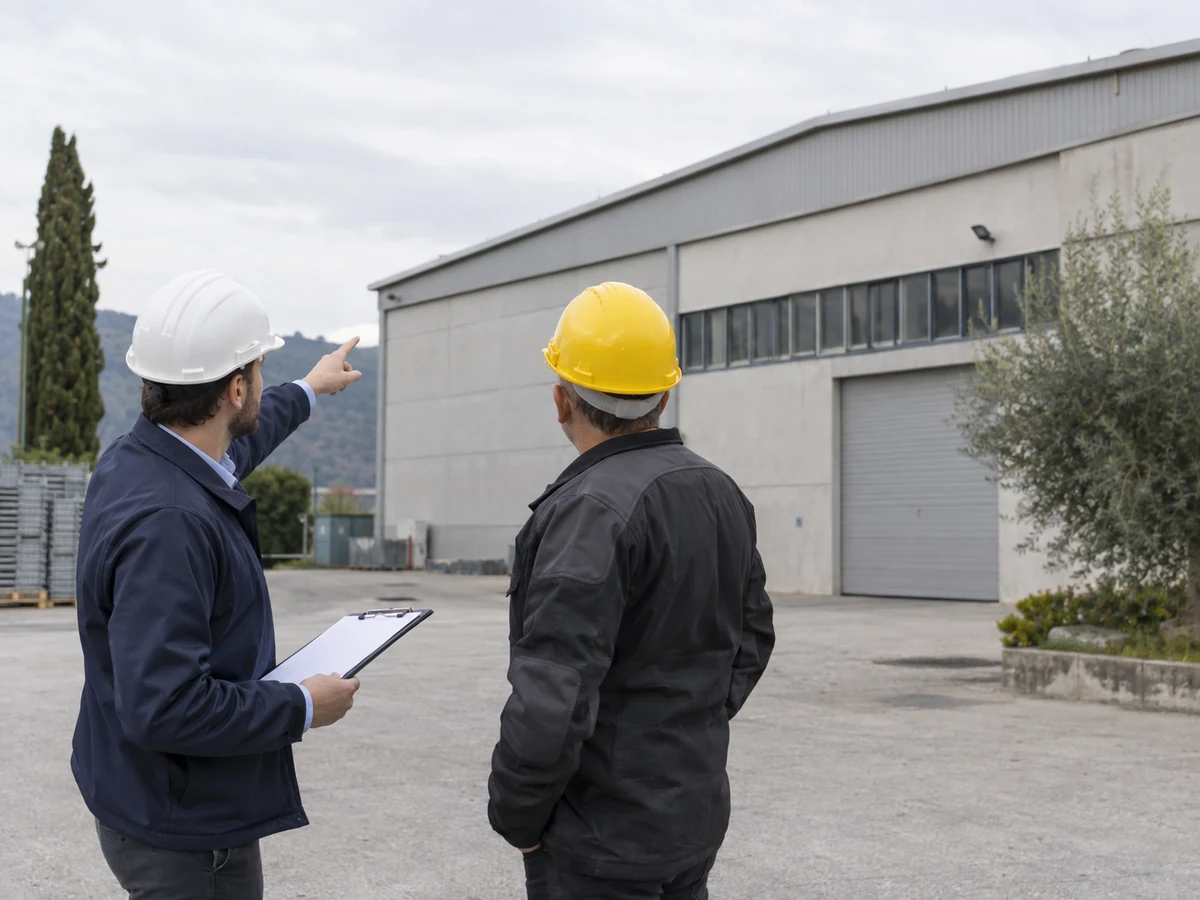 Due tecnici con caschi e portadocumenti osservano dall’esterno un edificio industriale.