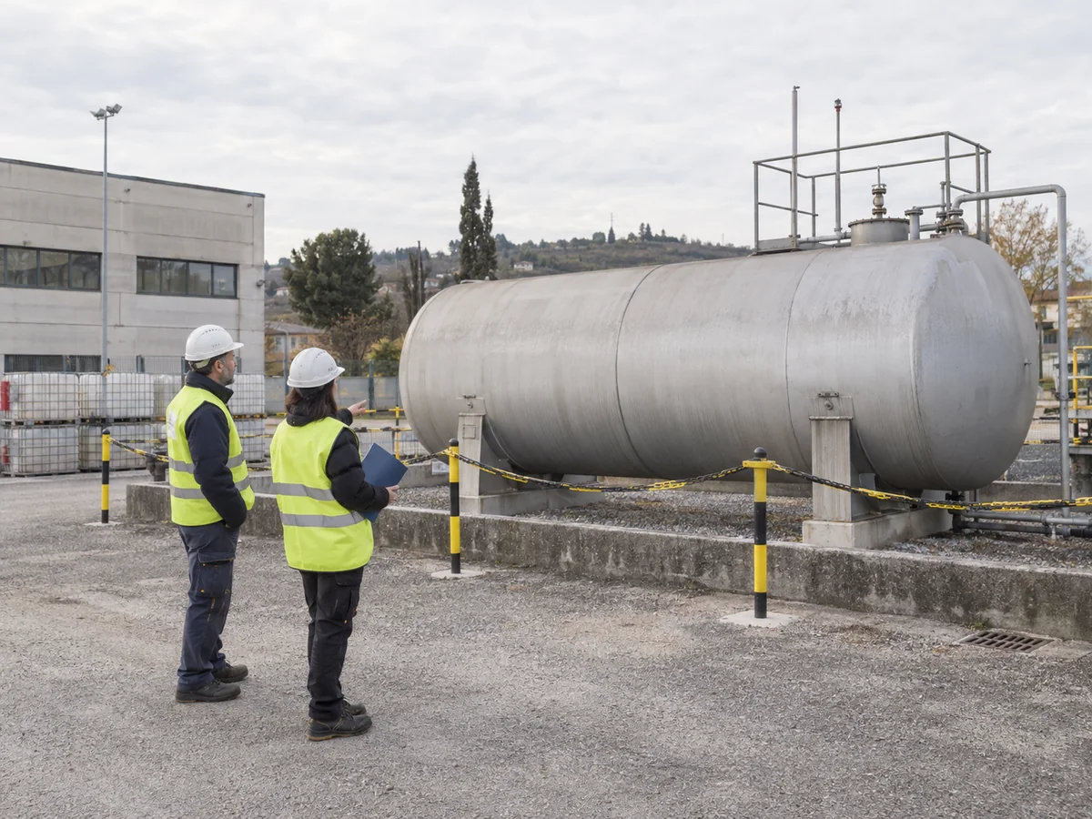 Due tecnici con casco e giubbotto ad alta visibilità osservano una cisterna industriale orizzontale dall’esterno.