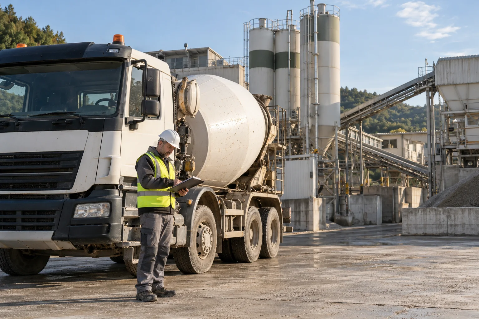 Un addetto con casco e gilet ad alta visibilità controlla una consegna su un portablocco, con un’autobetoniera nella centrale sullo sfondo.