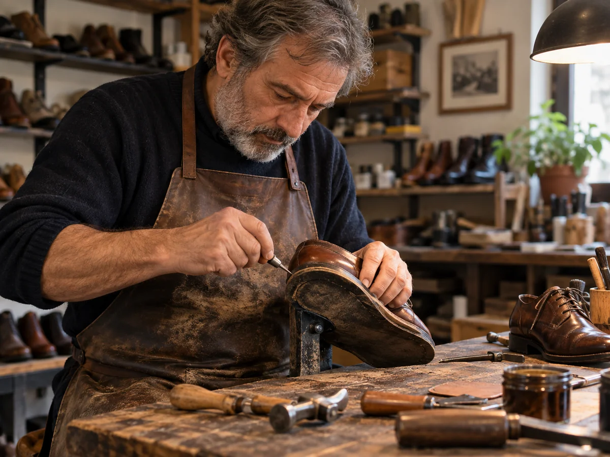 Calzolaio che ripara la suola di una scarpa sul banco da lavoro.