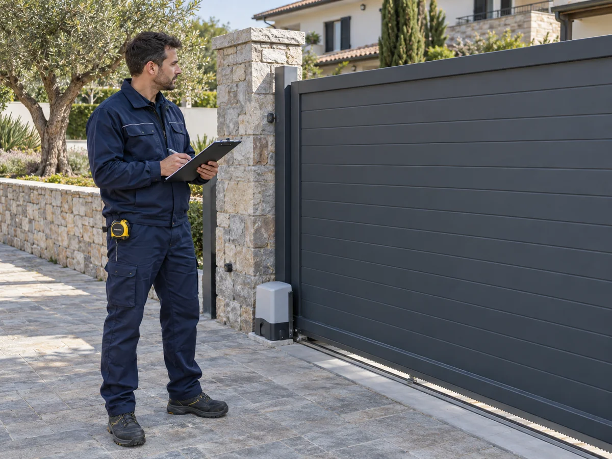 Installatore prende appunti durante un sopralluogo presso un cancello automatico residenziale.