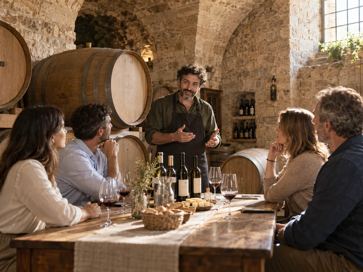 Addetto di una cantina accoglie quattro visitatori a un tavolo di degustazione tra botti in legno.