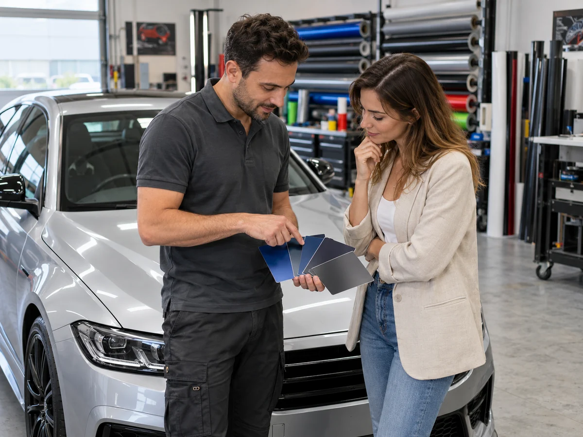 Un addetto presenta campioni di pellicole a una cliente in un laboratorio di car wrapping accanto a un’auto.