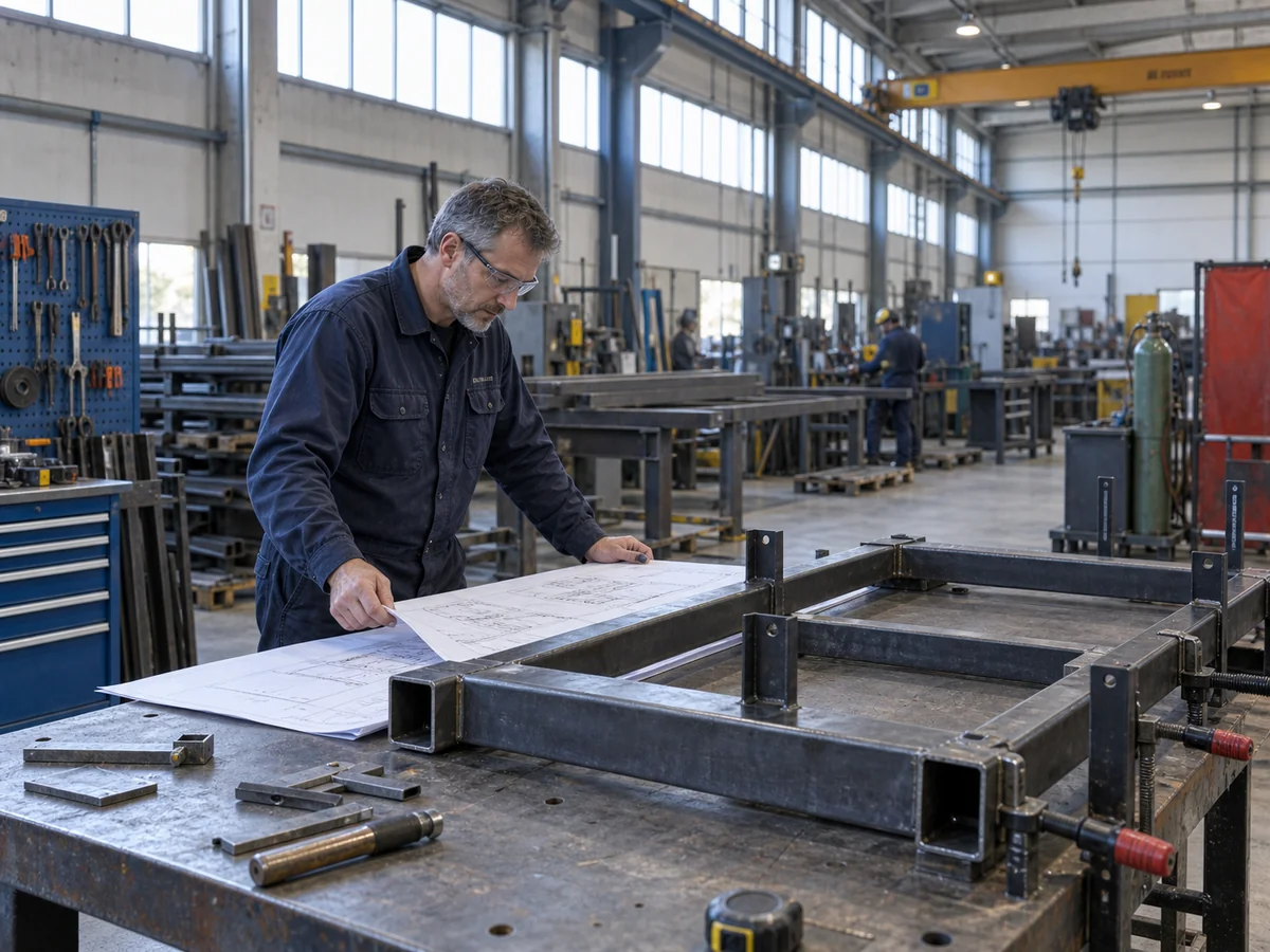 Un carpentiere controlla un disegno tecnico accanto a una struttura metallica in officina.