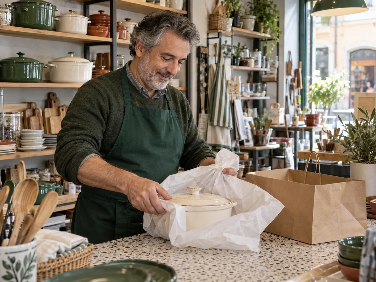 Negoziante avvolge una pentola in ceramica per il ritiro, fra scaffali di articoli per la casa.