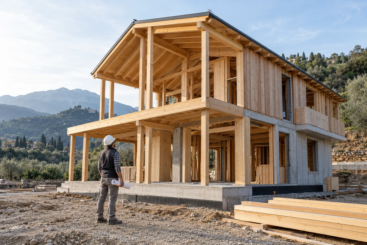 Un tecnico esamina la struttura esterna di una casa in legno in costruzione.