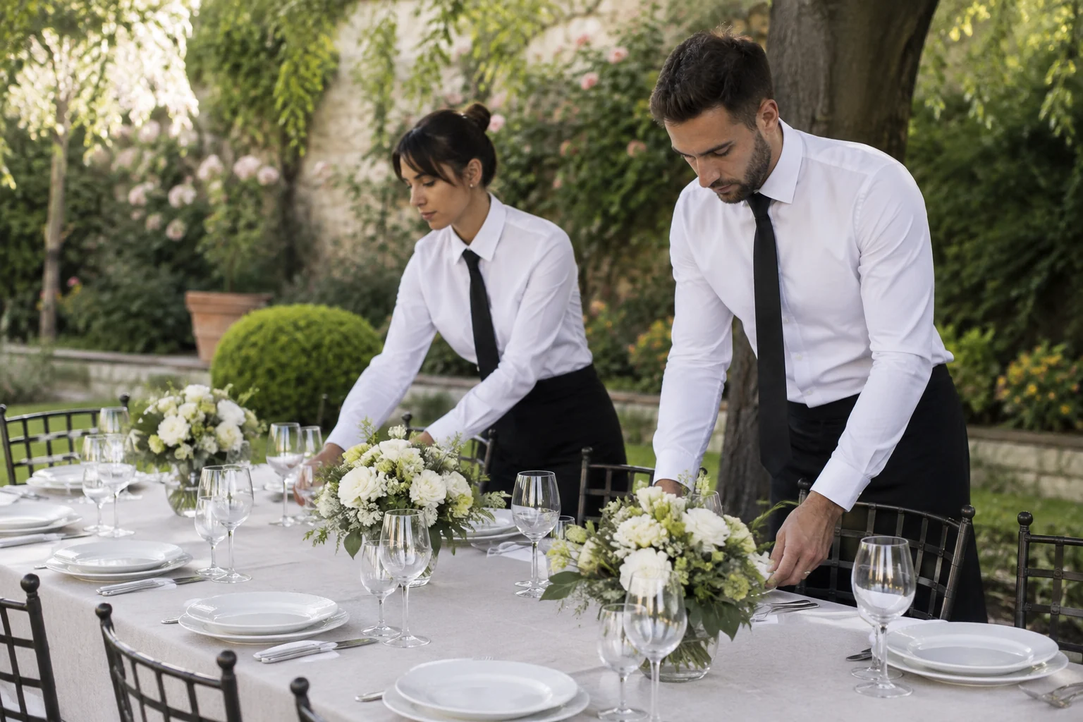 Due addetti catering preparano un allestimento per un evento