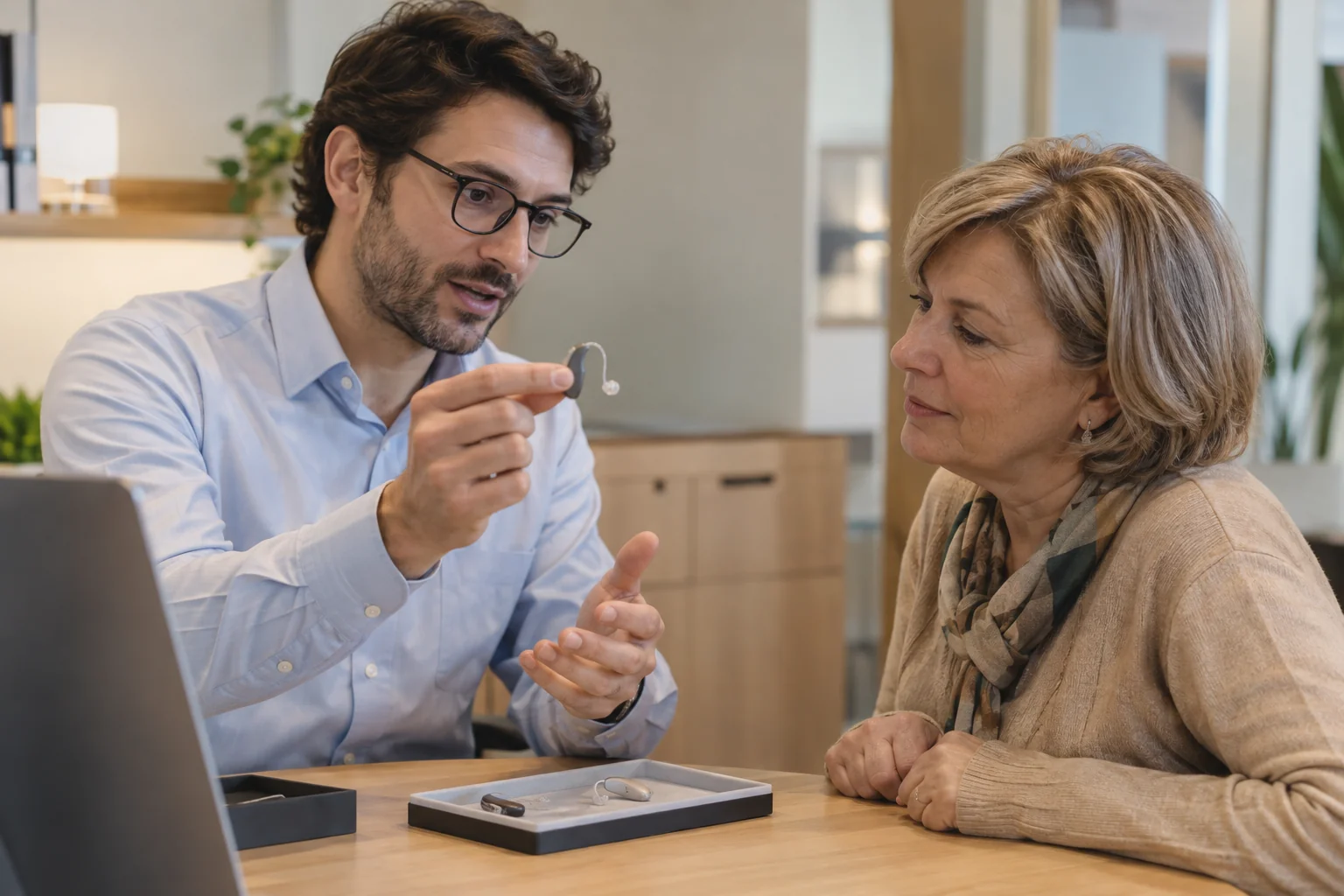 Un audioprotesista mostra un piccolo apparecchio acustico a una cliente al banco di assistenza.