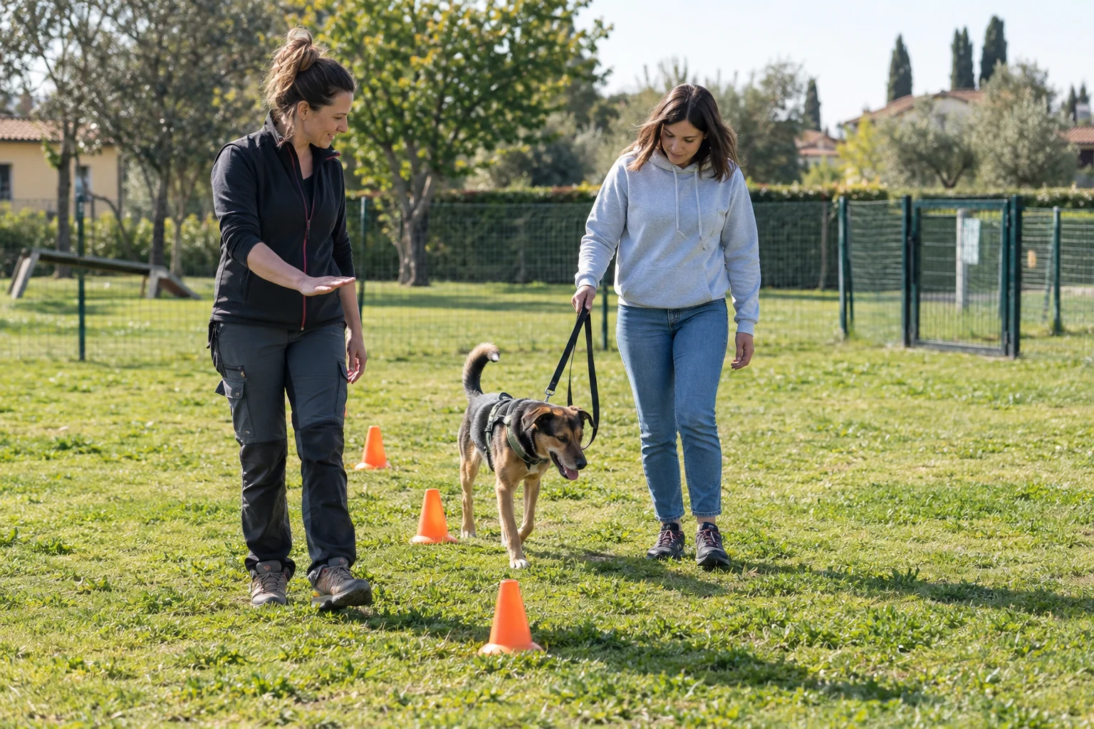 Un’educatrice cinofila accompagna un proprietario con il suo cane lungo un percorso di coni in un campo recintato.