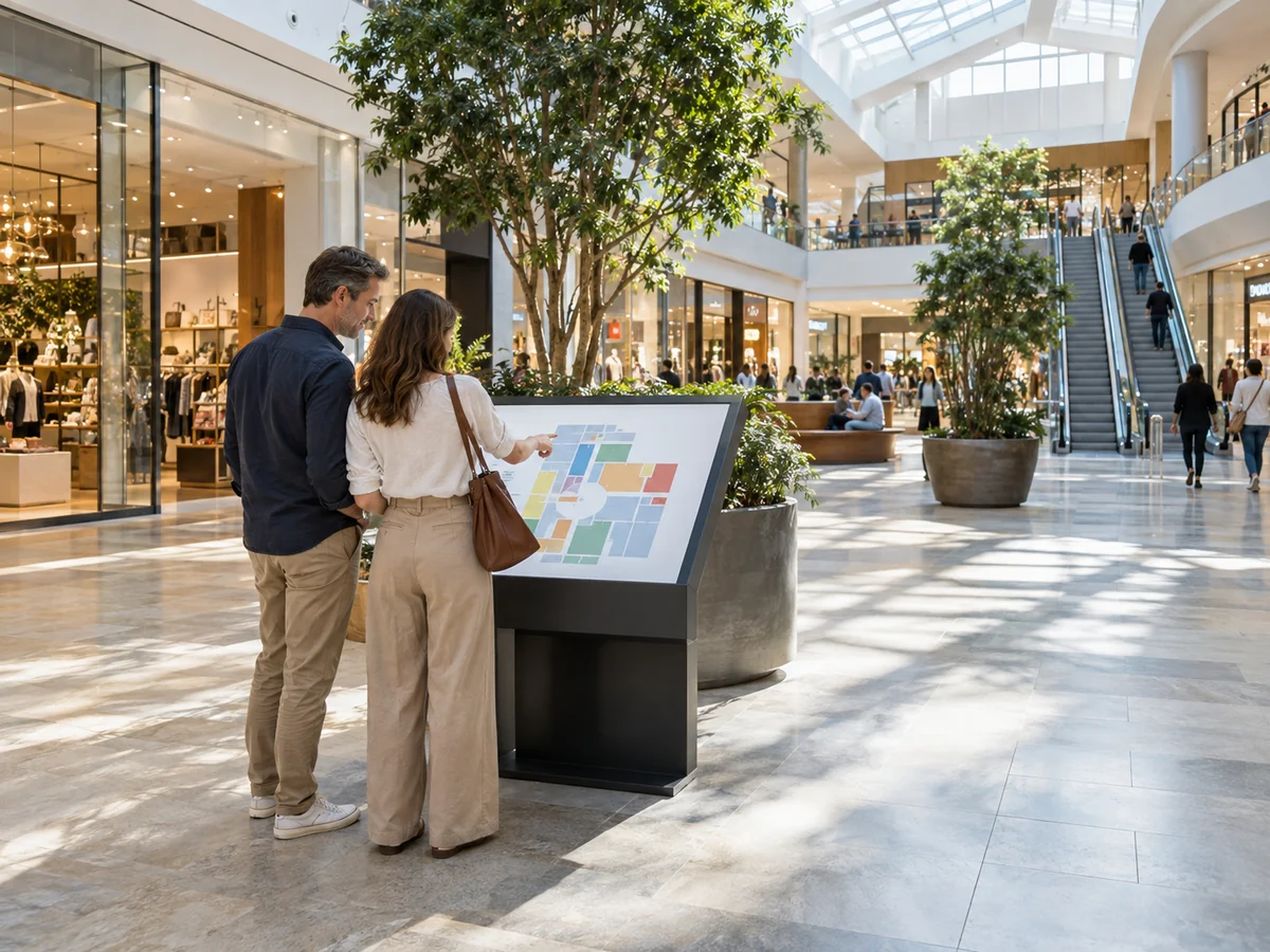 Una coppia consulta la planimetria in un atrio luminoso di un centro commerciale, con una scala mobile sullo sfondo