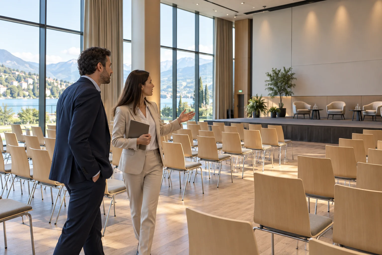 Una responsabile accompagna un cliente nella visita di una luminosa sala congressi con sedie e palco.