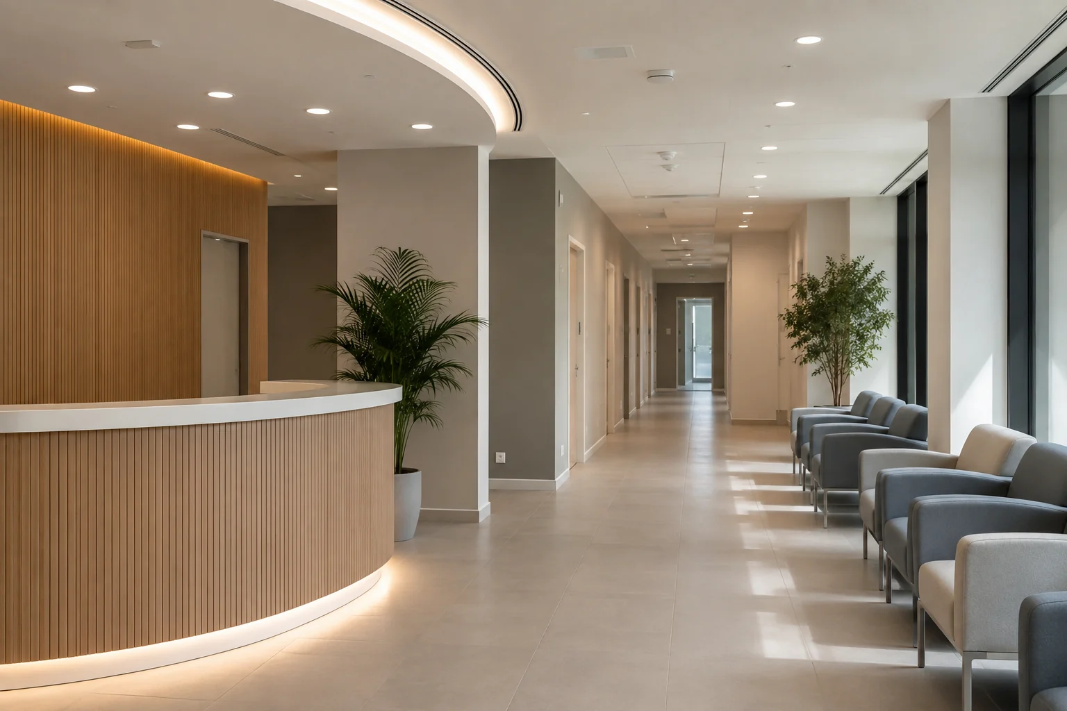 Reception luminosa di un centro diagnostico, con banco accettazione e sedute, senza pazienti.