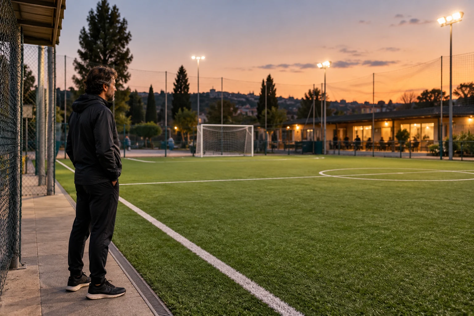 Responsabile di un centro sportivo al bordo di un campo da calcetto con la rete e il terreno di gioco sullo sfondo.