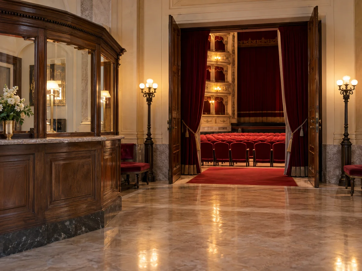 Foyer di un teatro con biglietteria e ingresso verso una sala illuminata.