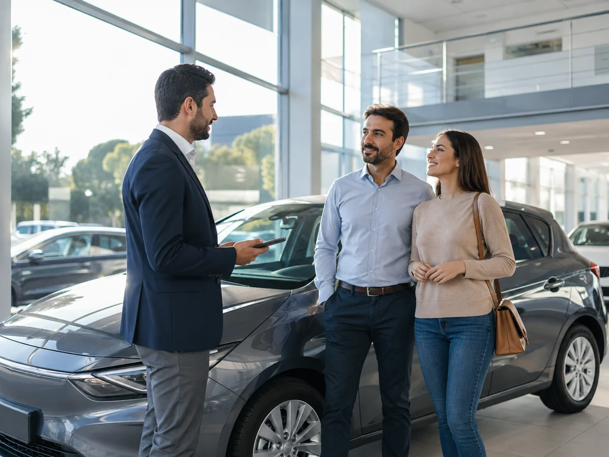 Un consulente accoglie una coppia accanto a un’auto nello showroom di una concessionaria
