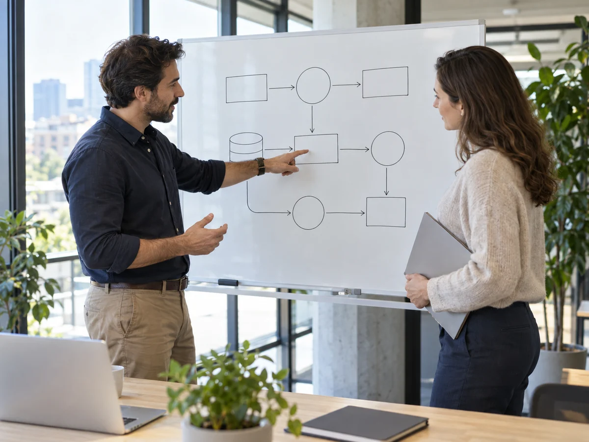 Consulente e referente aziendale discutono davanti a una lavagna con uno schema di flussi informativi