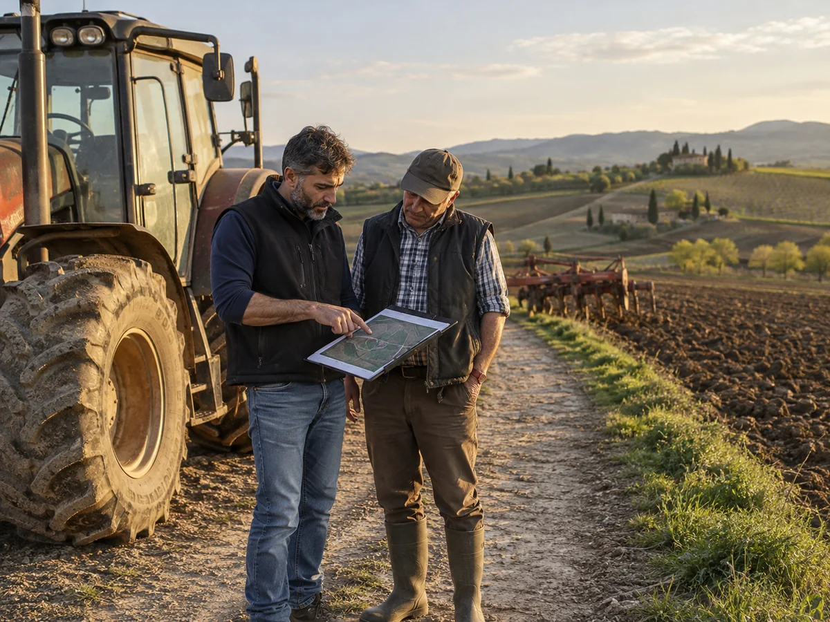 Imprenditore agricolo e operatore consultano una mappa dei campi accanto a un trattore in azienda