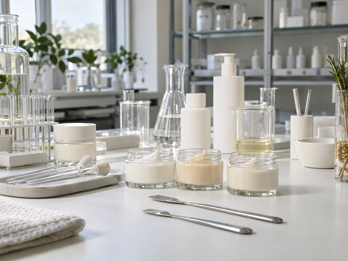 Banco di un laboratorio cosmetico con flaconi neutri, vasetti, pipette e campioni di creme.