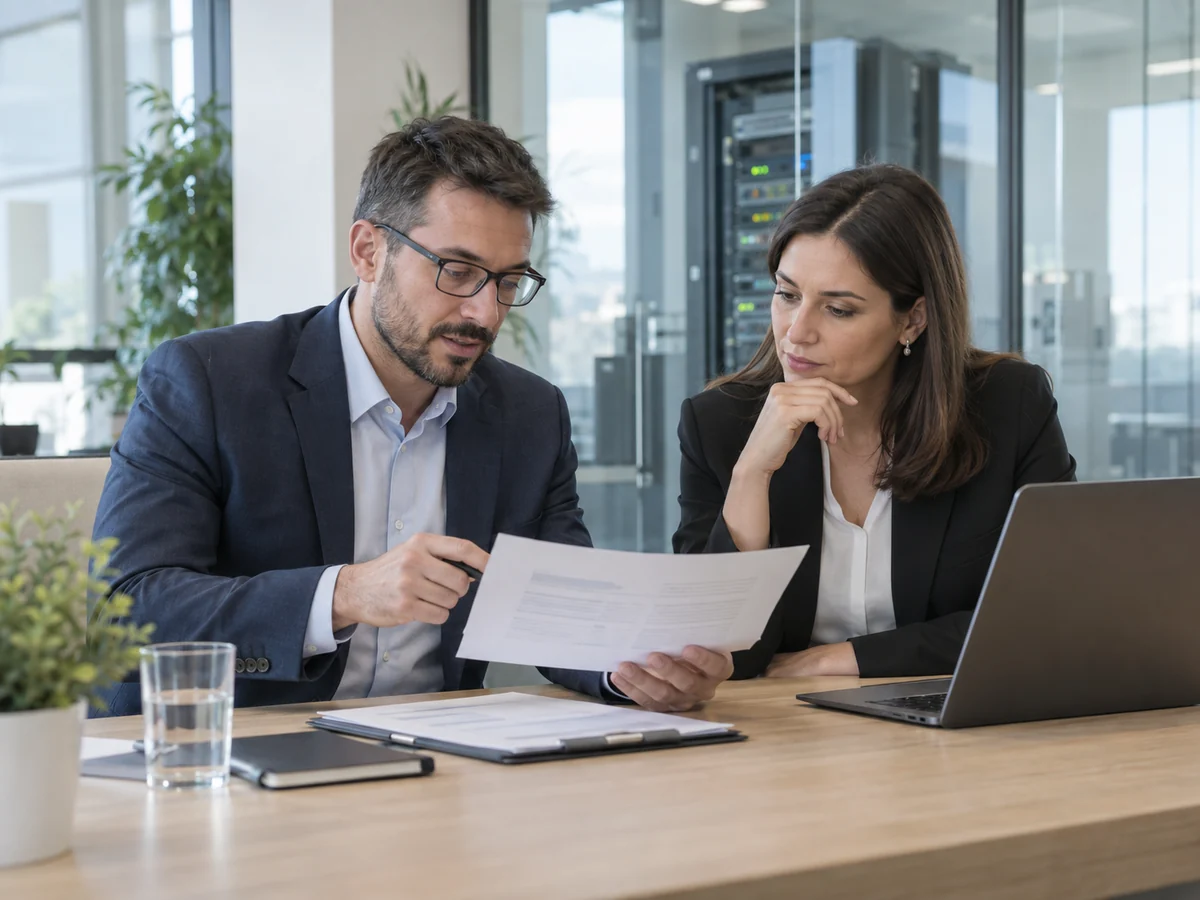 Due consulenti di sicurezza informatica esaminano l’ambito di un servizio in un ufficio luminoso, con un armadio server sfocato sullo sfondo