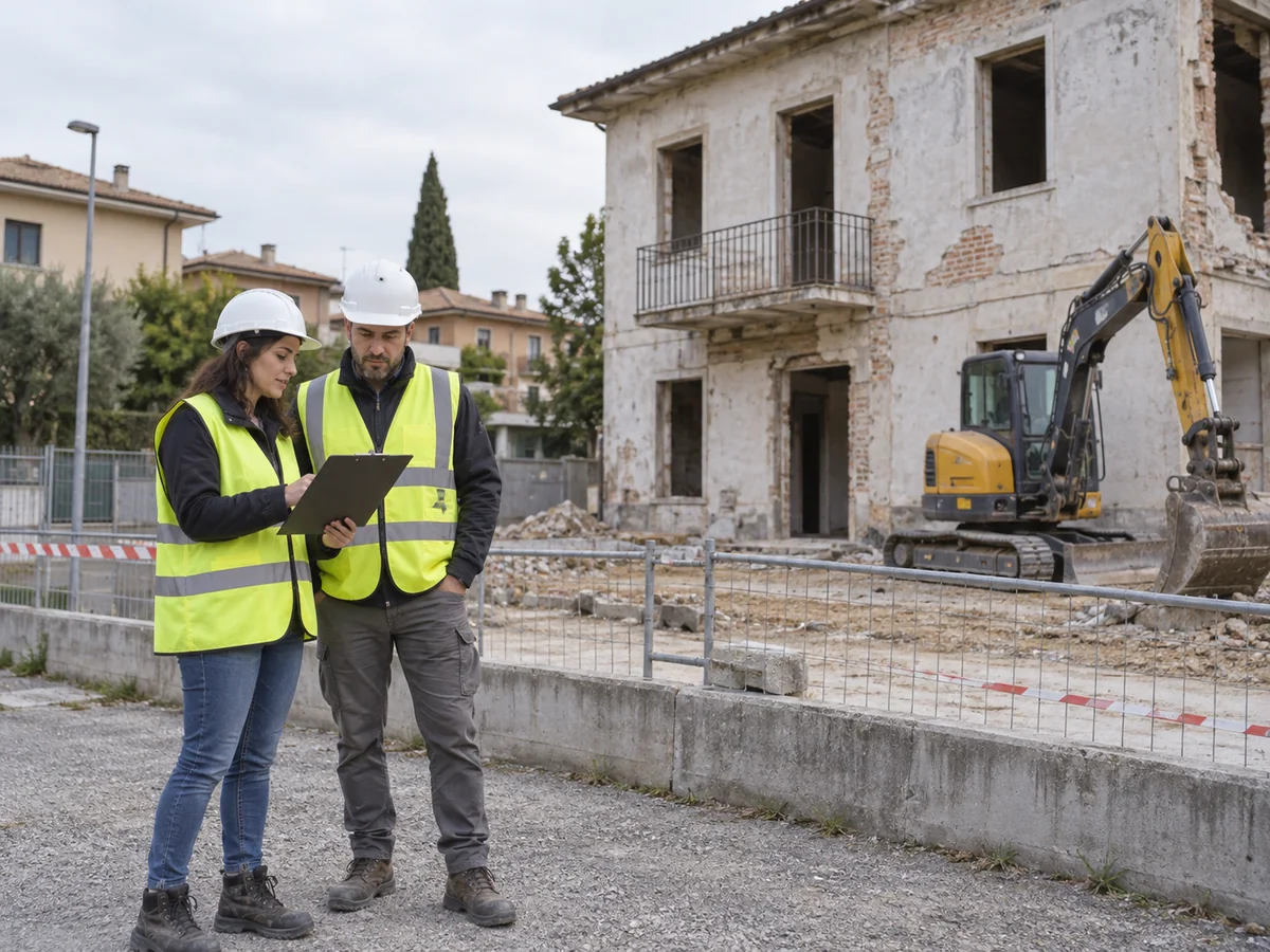 Due referenti con caschi protettivi consultano una cartellina durante un sopralluogo presso un edificio da riqualificare