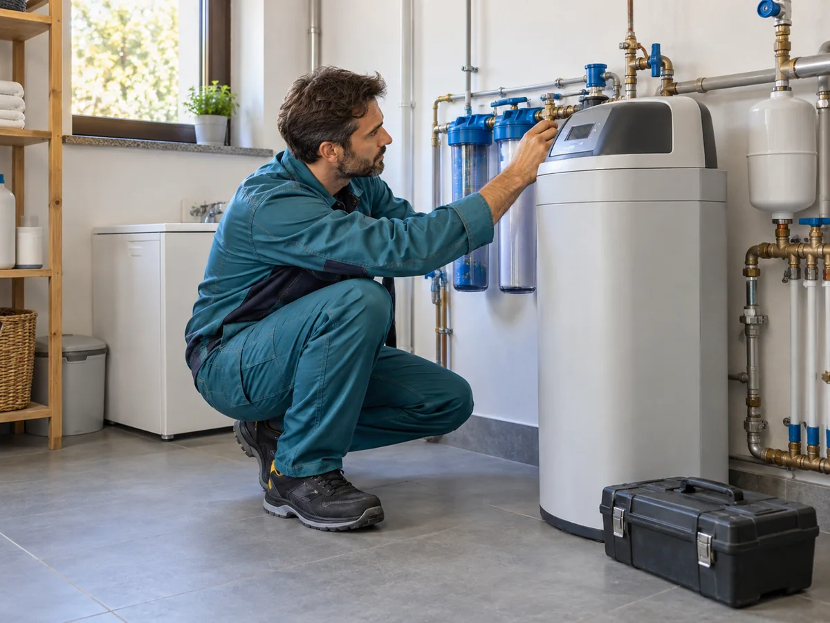 Installatore accanto a un impianto di trattamento dell’acqua in un locale tecnico ordinato.