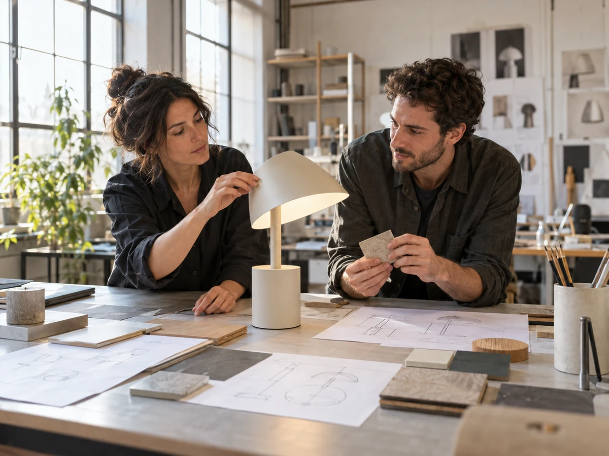 Due designer industriali che valutano il prototipo di una lampada con campioni di materiali