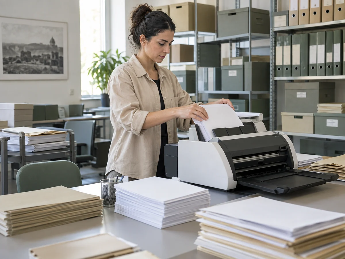 Operatore che prepara documenti per uno scanner professionale accanto a faldoni e vassoi di lavorazione.