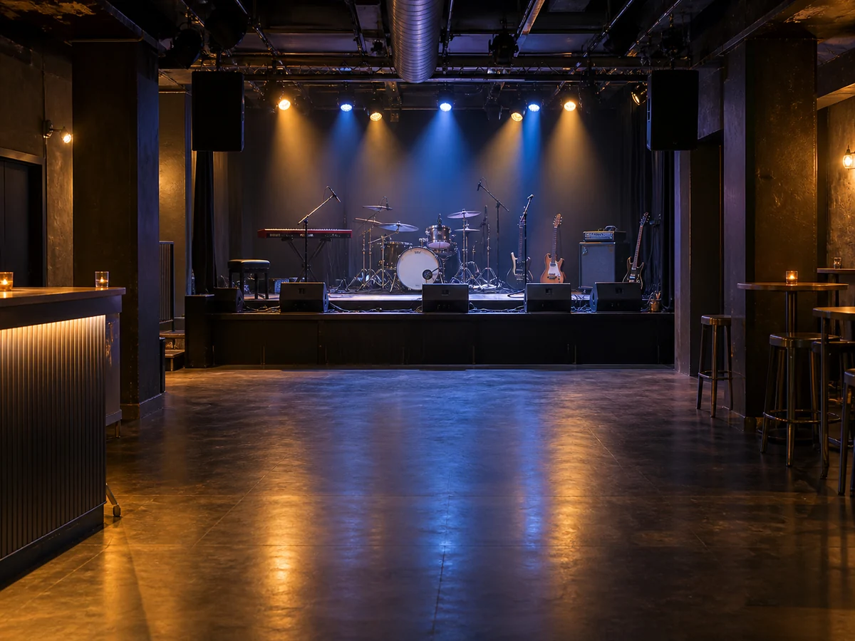 Sala per musica dal vivo prima dell’apertura, con palco illuminato e strumenti