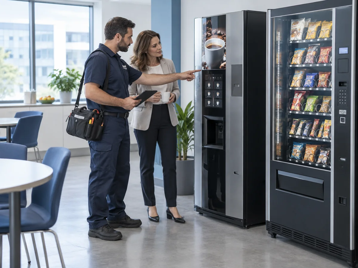 Tecnico e referente aziendale valutano una postazione di distributori automatici in una sala pausa